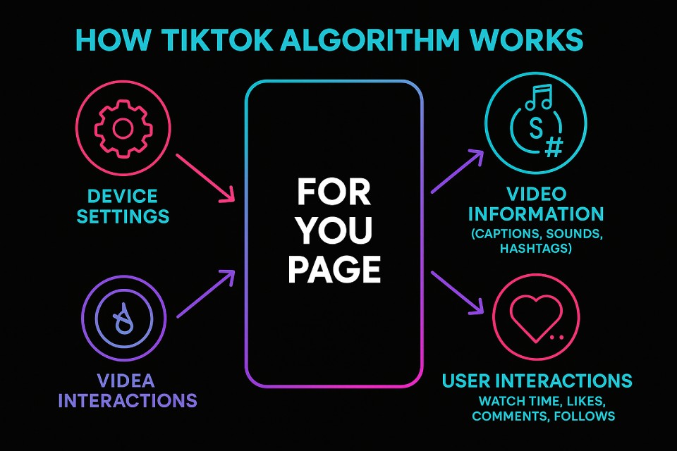Informative infographic with a central For You Page screen connected by arrows to device settings, video information, and user interactions.