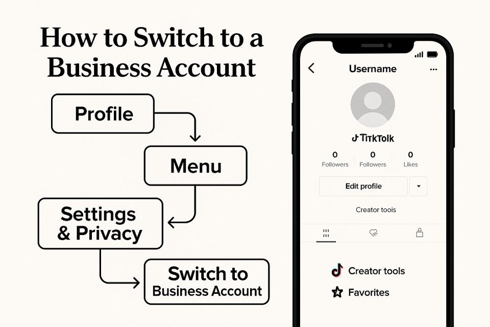 Infographic showing TikTok mobile interface with arrows and boxes guiding steps: Profile → Menu → Settings & Privacy → Switch to Business Account.
