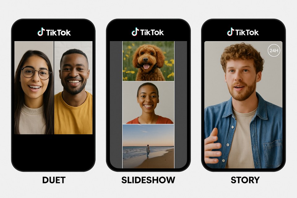 Carousel-style graphic with three examples: duet with two creators side by side, a photo slideshow, and a Story with 24h badge.