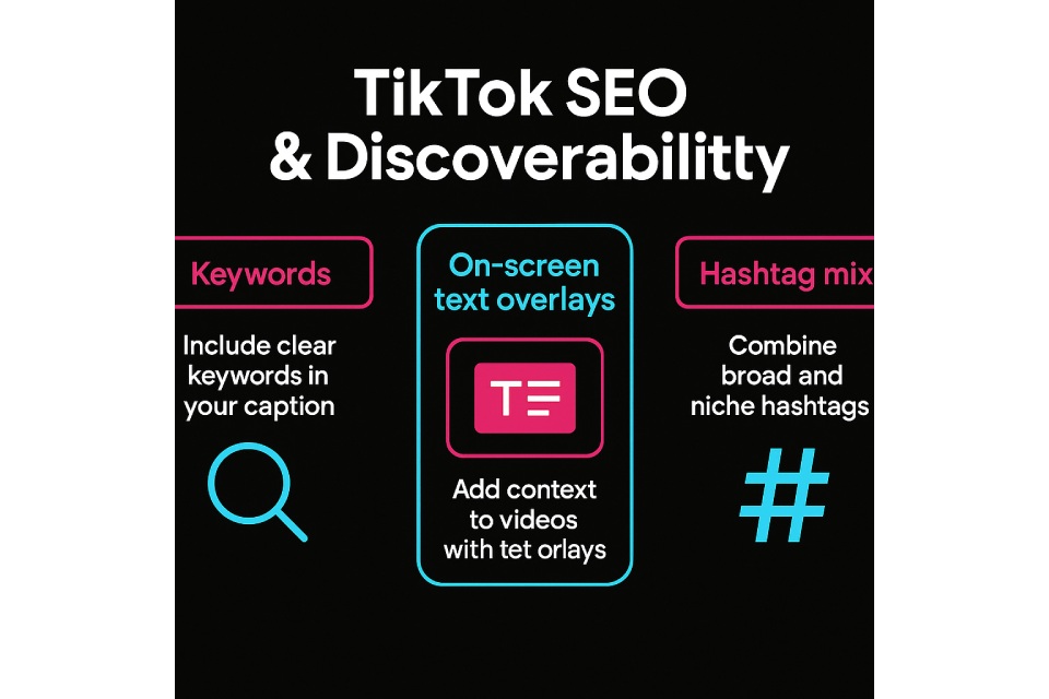 Infographic on TikTok SEO divided into three sections: keywords, on-screen text overlays, and hashtag mix, with neon accents.