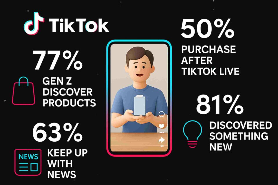 Infographic highlighting TikTok stats: 77% Gen Z discover products, 63% follow news, 50% purchase after Live, 81% discover something new.