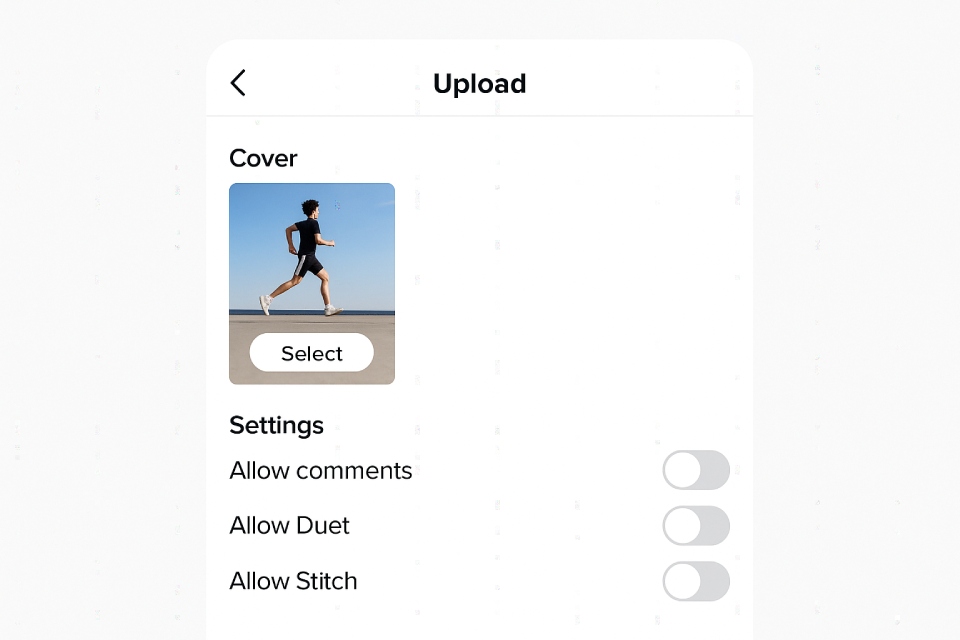 Simple TikTok settings screen with cover selection at the top and toggles for comments, duets, and stitches.