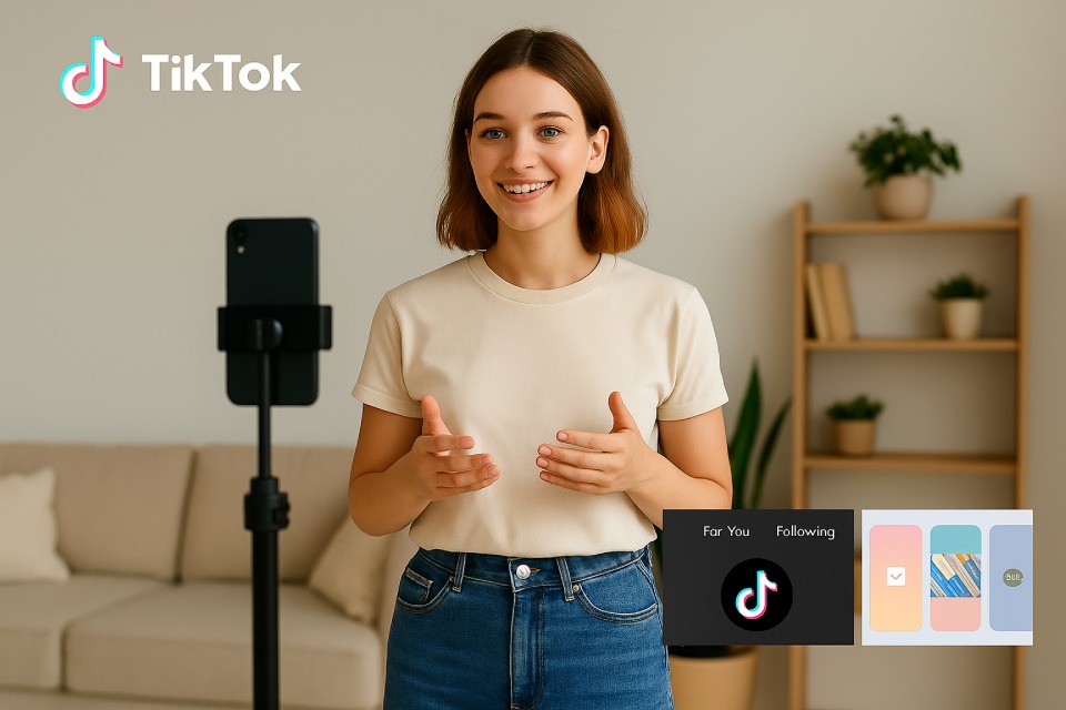 TikTok-style vertical video frame of a creator recording in a bright, minimal room with neutral background decor.